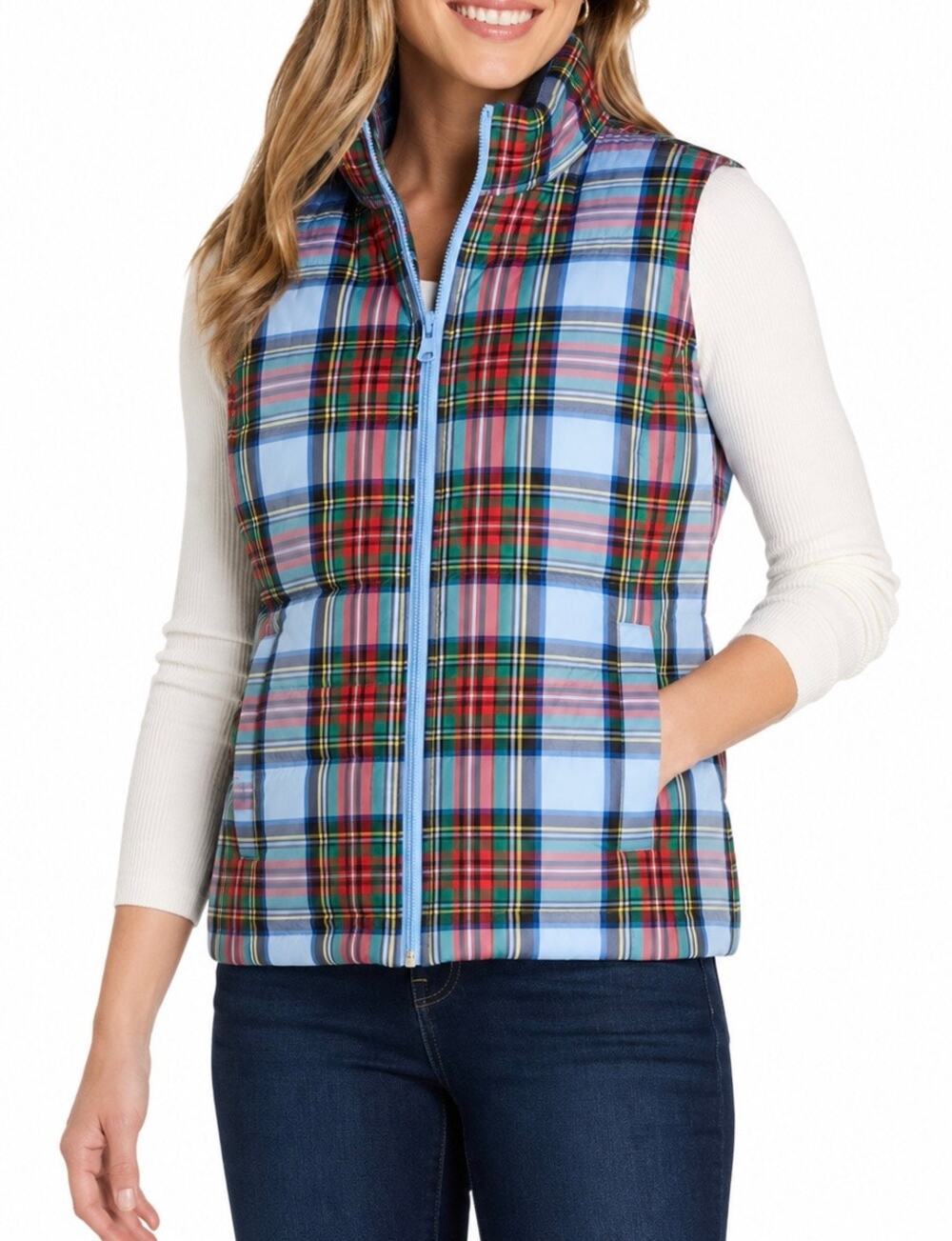 Lands’ End Women’s Down Puffer Vest Blue Plaid Tartan XL Tall 18 Lightweight